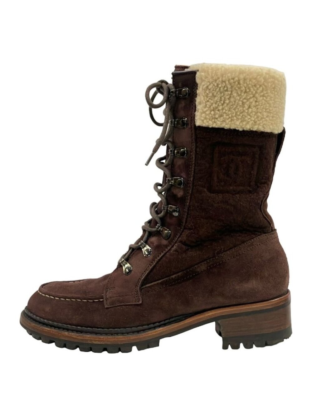 Chanel Short Boots Dark Brown Ivory Sports Line Lace-up Shearling